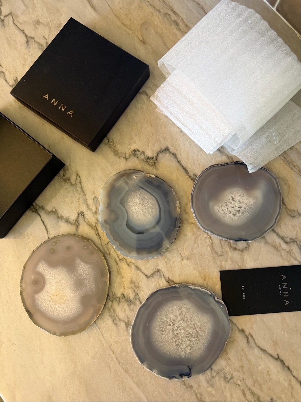 ANNA New York Gray and Cream Agate Coaster Set with Gold Trim